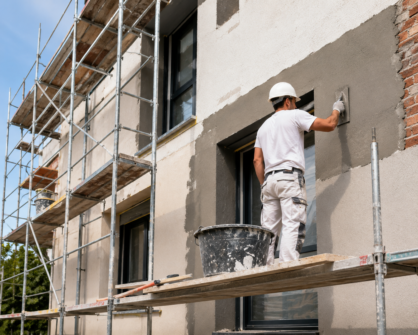 Trabajos en altura con o sin andamios para reformar fachadas exteriores de edificios comunitarios en Barcelona, Sant Cugat del Vallès, Cabrera de Mar, etc.